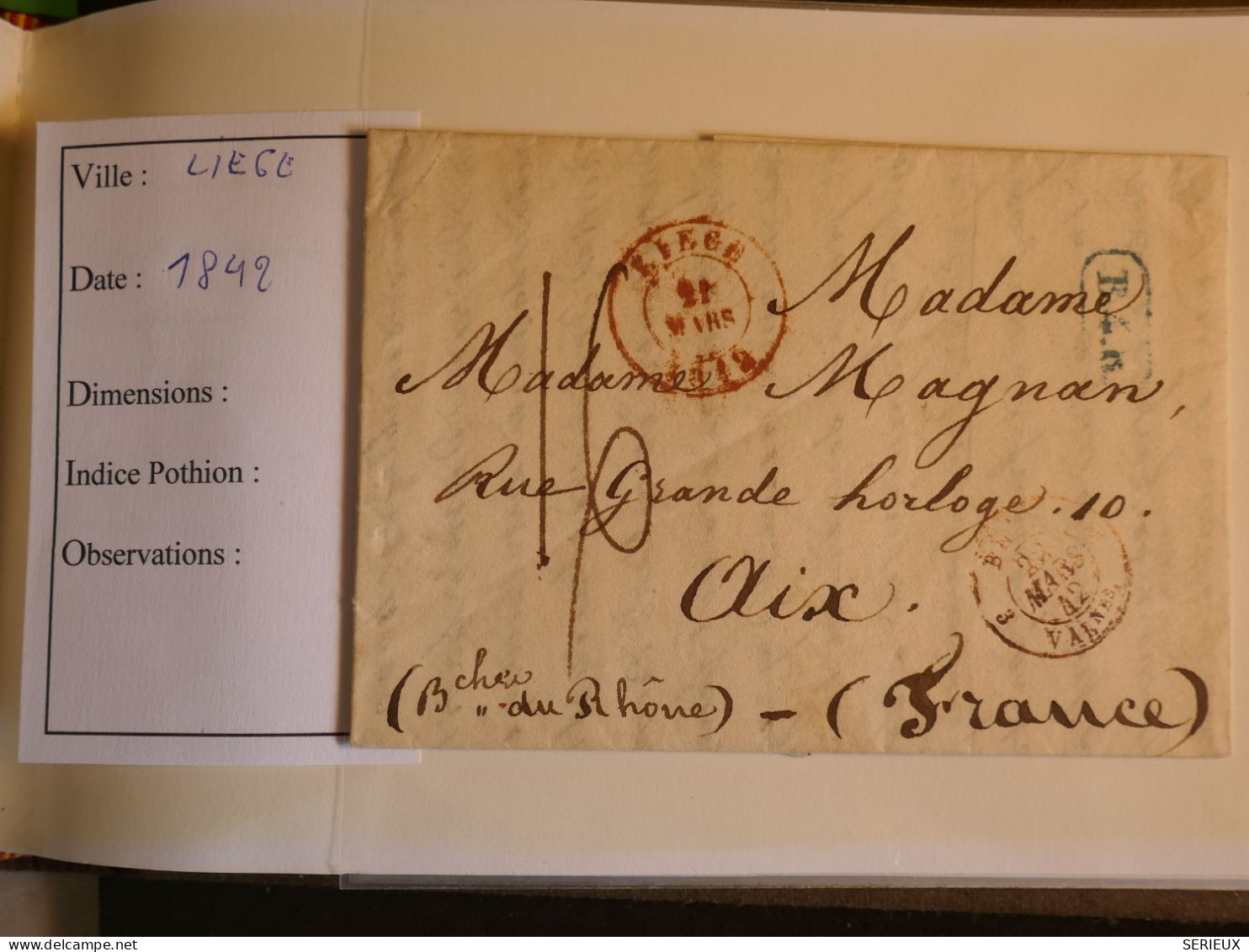 DN19  BELGIQUE BELLE  LETTRE RR 1842 LIEGE A AIX  FRANCE  + AFF. INTERESSANT +++ - 1830-1849 (Independent Belgium)