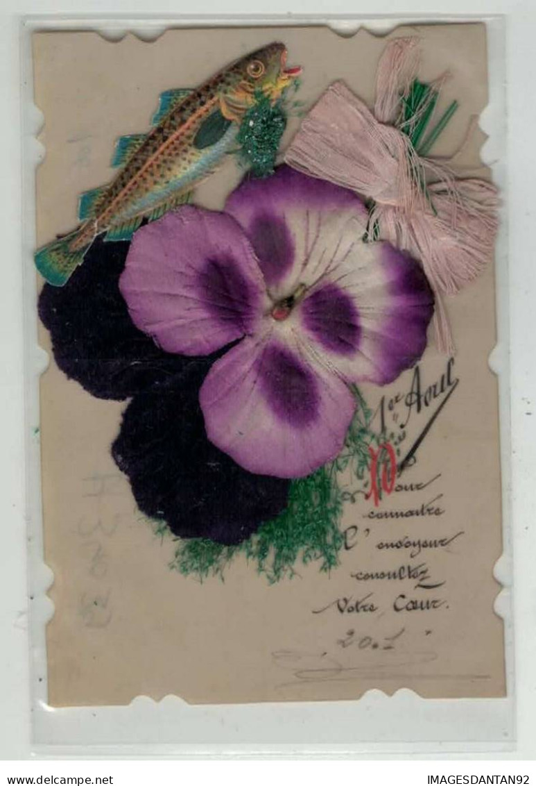 POISSON #MK34039 1ER AVRIL POISSON ET FLEURS VIOLETTE CELLULOID AJOUTIS - Autres & Non Classés