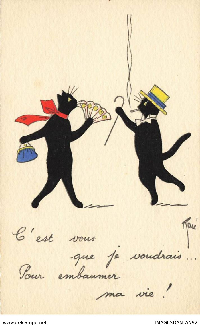 CHATS CHAT #FG35160 CAT KATZE NOIR COUPLE ELEGANT EVENTAIL CHAPEAU ET CANNE PAR RENE - Cats