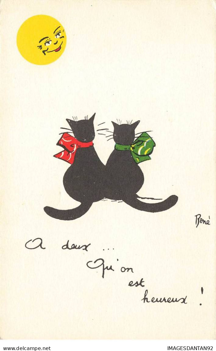 CHATS CHAT #FG35154 CAT KATZE NOIR COUPLE DE DOS REGARDANT LE SOLEIL HEUREUX PAR RENE - Chats