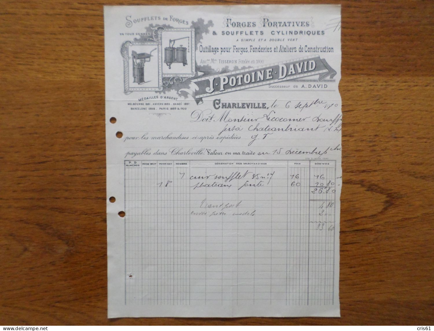 08 CHARLEVILLE - Facture J. POTOINE. DAVID, Forges Portatives & Soufflets Cylindriques, Septembre 1910 - 1900 – 1949