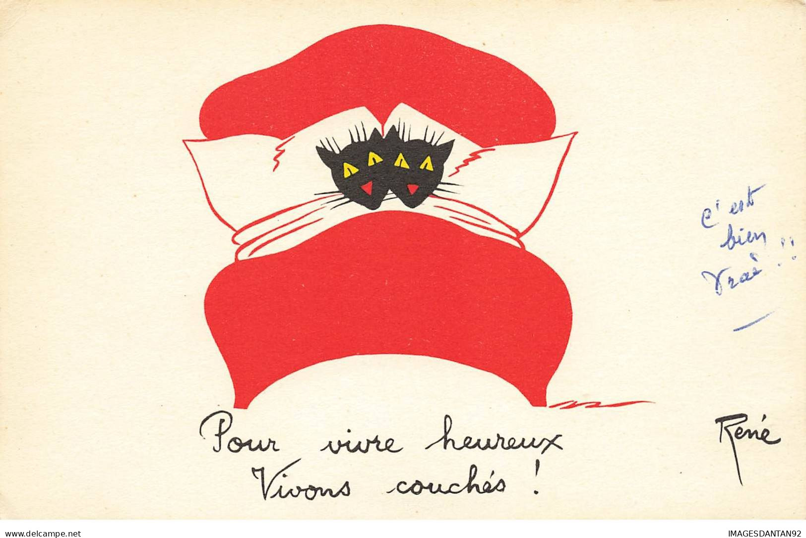 CHATS CHAT #FG35150 CAT KATZE NOIR DORMENT DANS UN LIT ROUGE VIVRE HEUREUX PAR RENE - Gatos