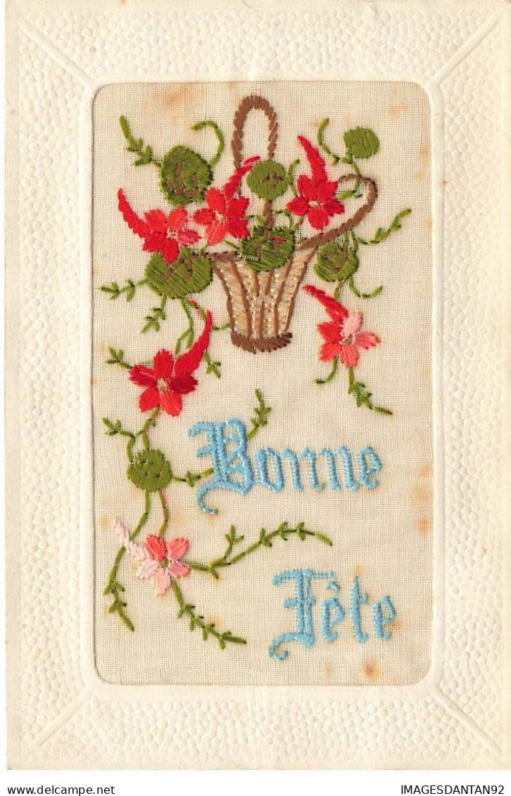 CARTE BRODEE #MK34017 BONNE FETE PANIER DE FLEURS ROUGE - Embroidered