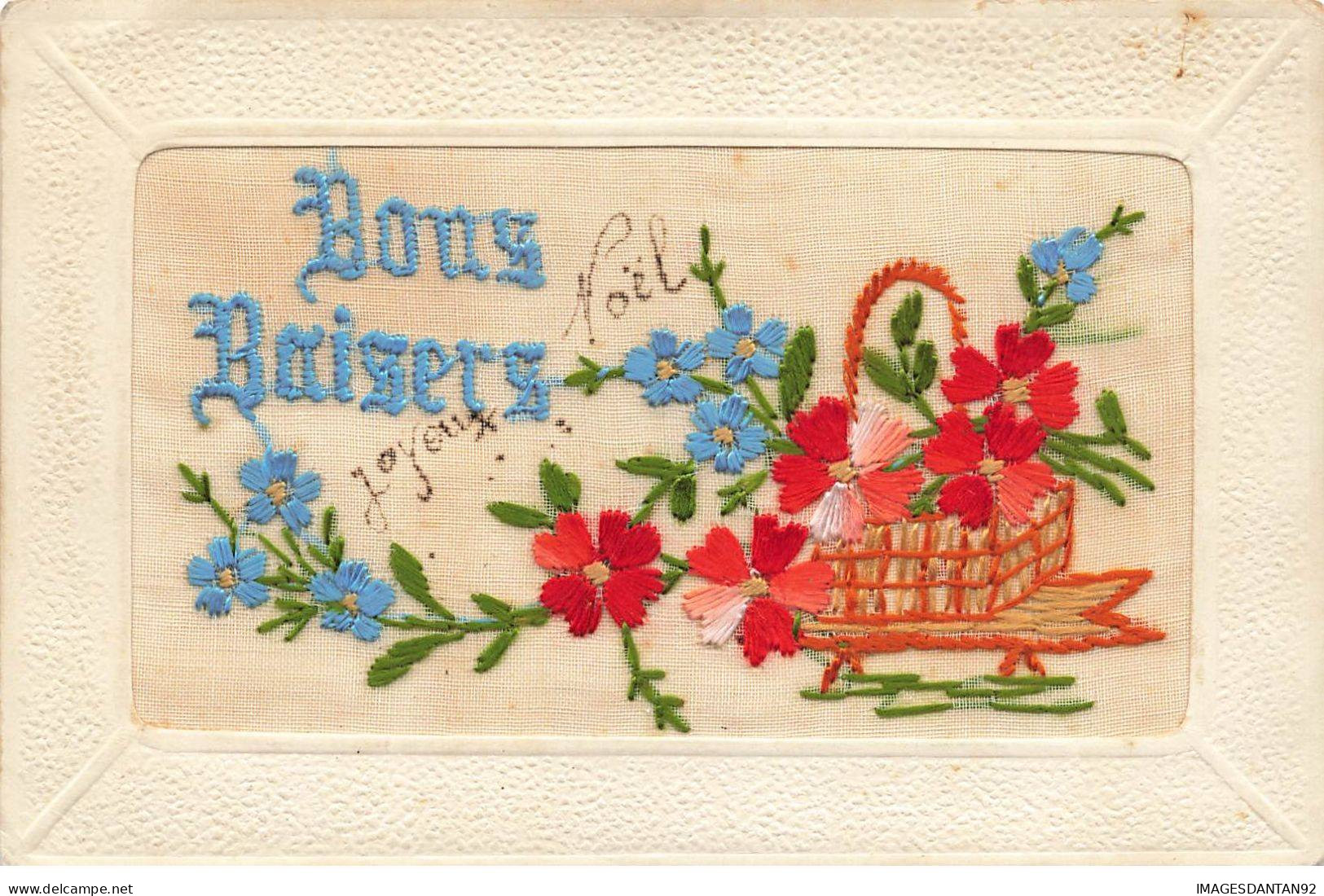 CARTE BRODEE #MK34014 BON BAISERS PANIER DE FLEURS ROUGE ET BLEU - Embroidered