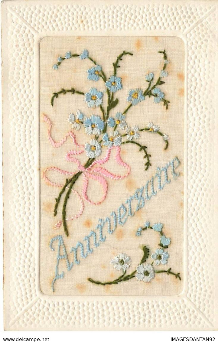 CARTE BRODEE #MK34010 ANNIVERSAIRE BOUQUET DE FLEURS BLEU - Embroidered
