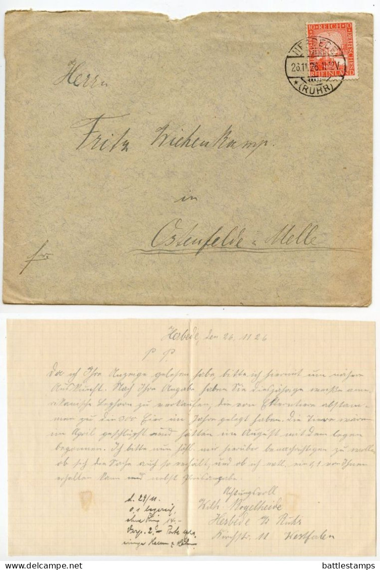 Germany 1926 Cover & Letter; Herbede (Ruhr) To Ostenfelde; 10pf. German Eagle & Rhineland - Briefe U. Dokumente