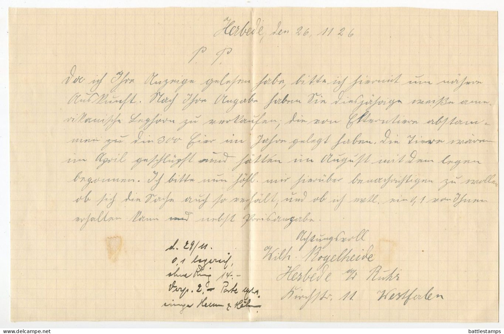 Germany 1926 Cover & Letter; Herbede (Ruhr) To Ostenfelde; 10pf. German Eagle & Rhineland - Briefe U. Dokumente