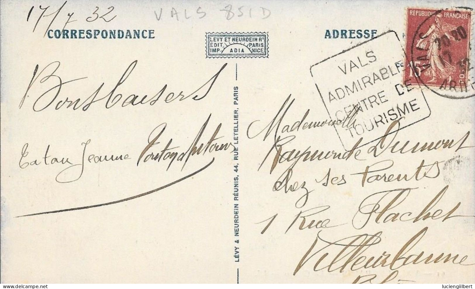 ARDECHE 07 - VALS LES BAINS -  DAGUIN N° VAL 851 D - VALS ADMIRABLE CENTRE DE TOURISME  - 1932 -  CP  LE CASINO - Maschinenstempel (Werbestempel)