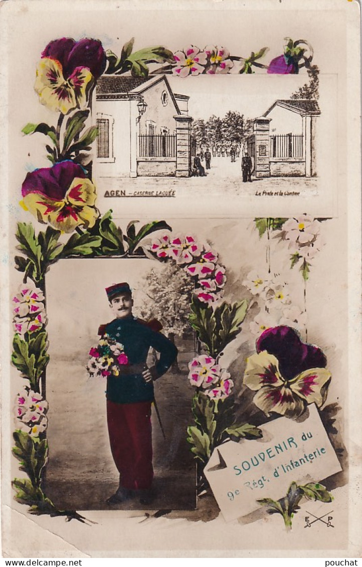 XXX Nw-(47) SOUVENIR DU 9 REGT. D'INFANTERIE - CASERNE LACUEE , AGEN - CARTE FANTAISIE AVEC FLEURS PENSEES - Regimenten