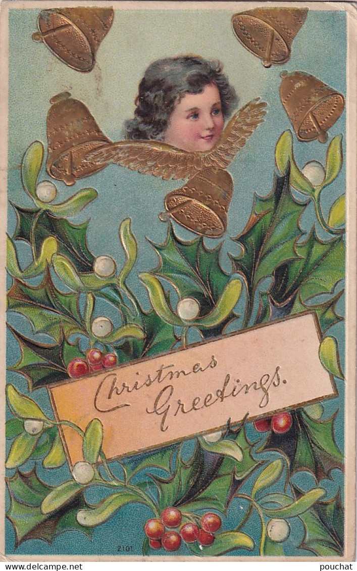 XXX Nw- CHRISTMAS GREETINGS - ANGELOT ET CLOCHES DOREES , GUI - CARTE GAUFREE - Other & Unclassified