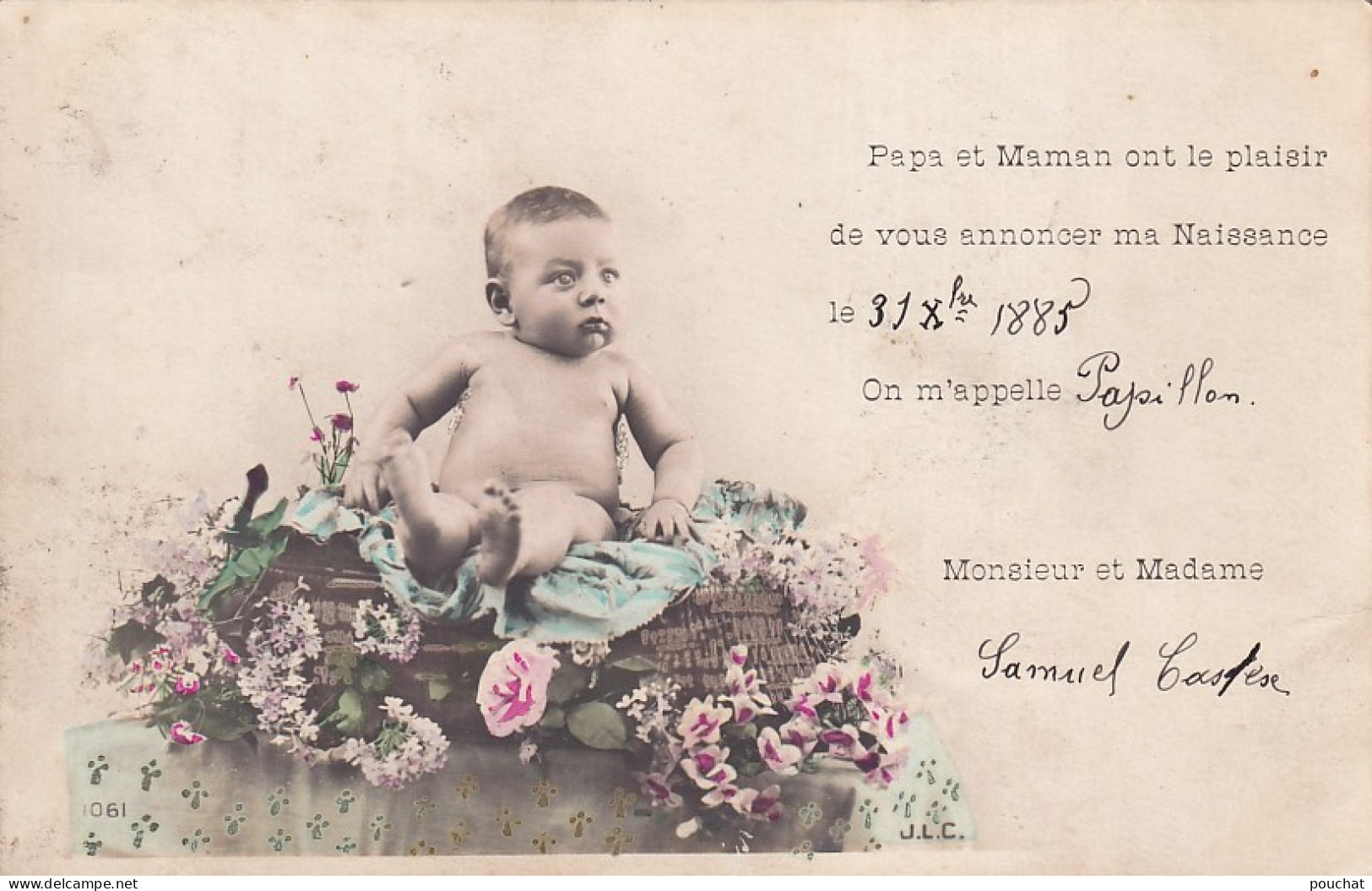 XXX Nw- FAIRE PART NAISSANCE 31 OCTOBRE 1885 , Mr ET Mme S. CASTEX ( 82 )- BEBE DANS CORBEILLE FLEURIE - LOT DE 2 CARTES - Babies