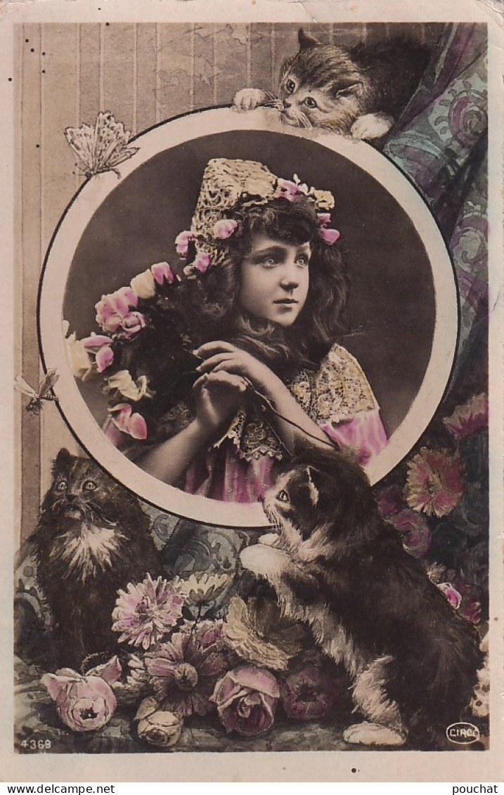 XXX Nw-  PORTRAIT DE FILLETTE AVEC FLEURS ET TRIO DE CHATONS , PAPILLON ET LIBELLULE - Ritratti