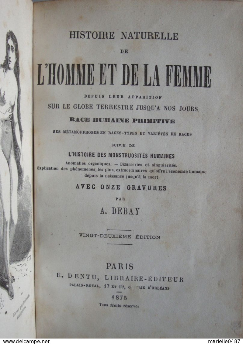 A. DEBAY - Histoire Naturelle De L'Homme Et De La Femme (...) Race Humaine Primitive, 1875 Signé Par L'auteur - 1801-1900