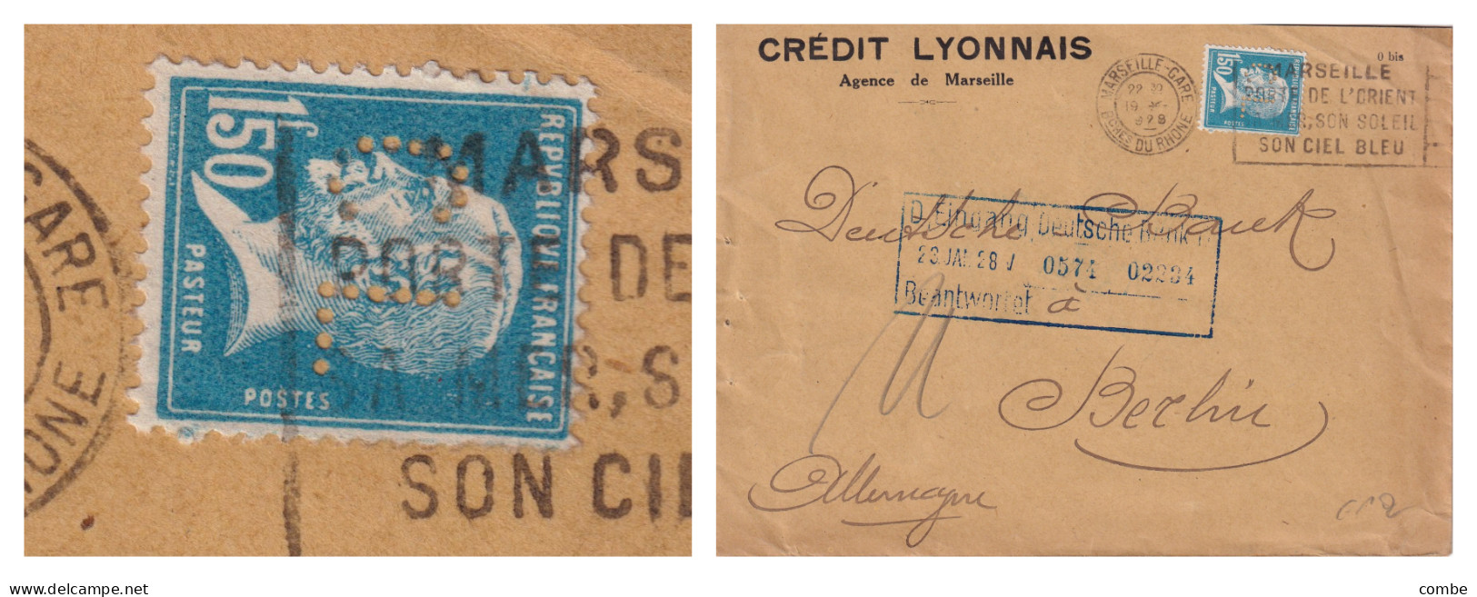 LETTRE. 19 JANV 1928. PASTEUR 1,50Fr. SEUL. PERFORÉ CREDIT LYONNAIS. DEUTSCHEBANK D.EINGANG BERLIN - 1921-1960: Période Moderne