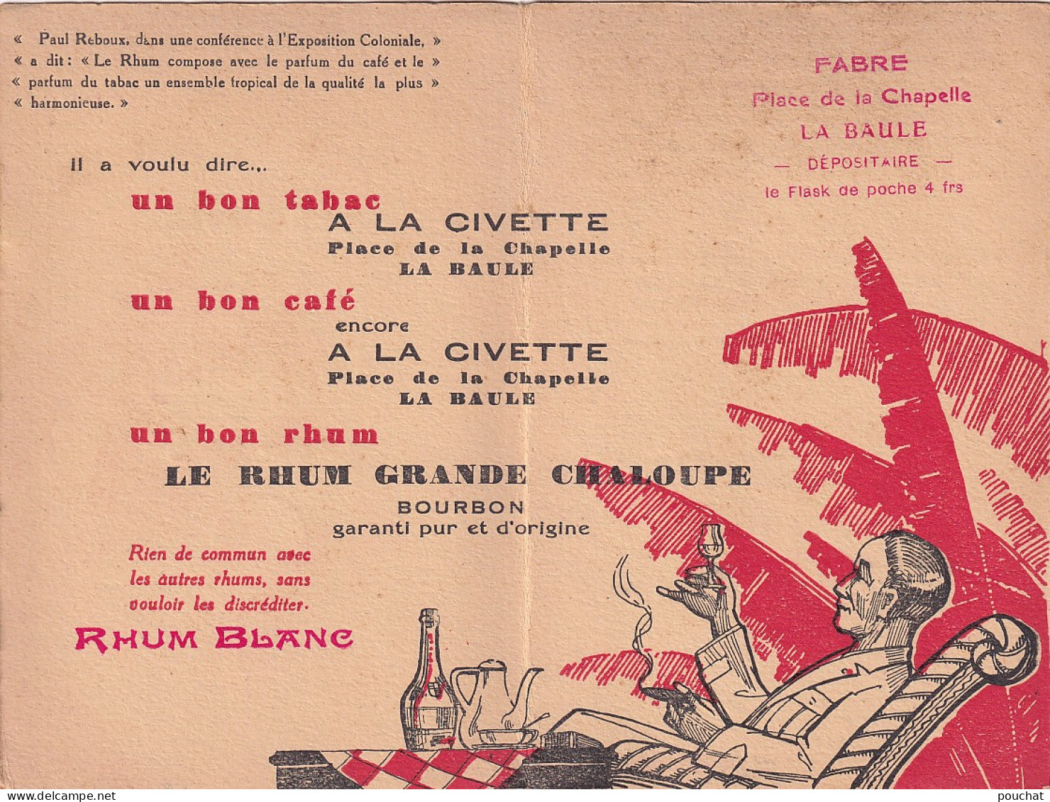 XXX Nw-(44) CARTE DOUBLE PUBLICITAIRE RHUM BLANC - DEPOSITAIRE FABRE " A LA CIVETTE " , LA BAULE - ILLUSTRATION - Advertising