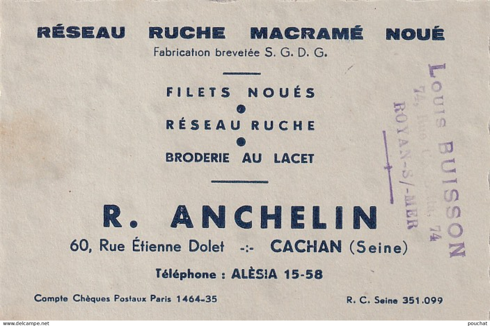 XXX Nw-(94) R. ANCHELIN  , MACRAME BRODERIE , CAHAN  - CARTE DE VISITE - Cartes De Visite