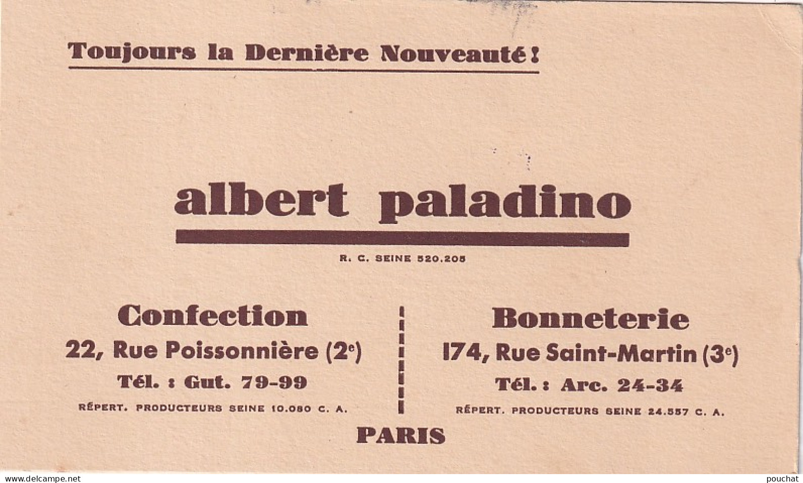 XXX Nw-(75) CONFECTION BONNETERIE A. PALADINO , PARIS 2e ET 3e - Visitekaartjes