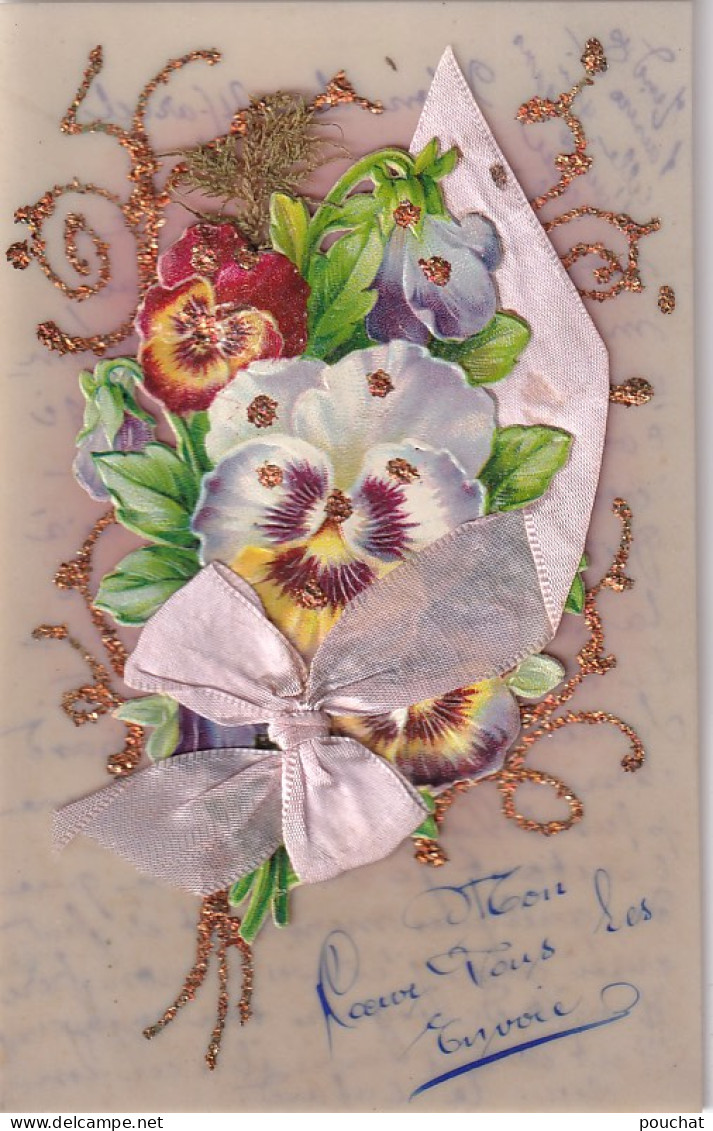 XXX - CARTE FANTAISIE CELLULOID  AVEC AJOUT CHROMO FLEURS PENSEES , RUBAN SATIN ET DORURE - Other & Unclassified