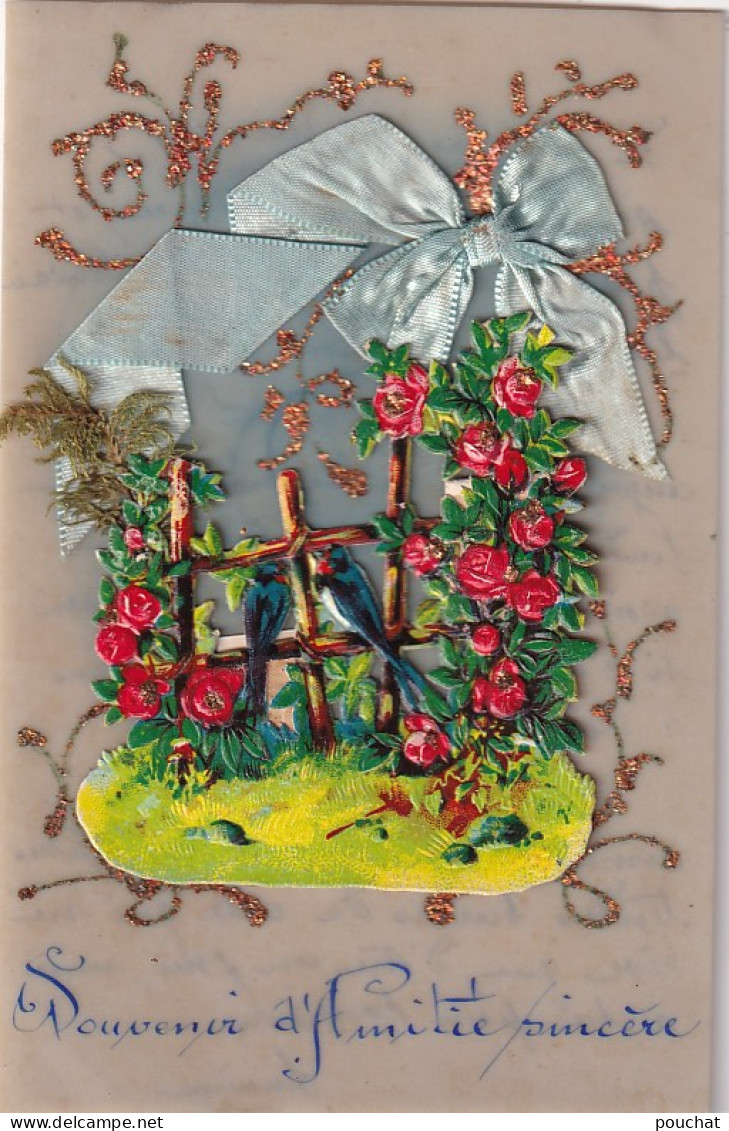 XXX - CARTE FANTAISIE CELLULOID  AVEC AJOUT CHROMO TREILLE AVEC ROSES ROUGES , ROUGES GORGES ,  RUBAN SATIN ET DORURE - Sonstige & Ohne Zuordnung