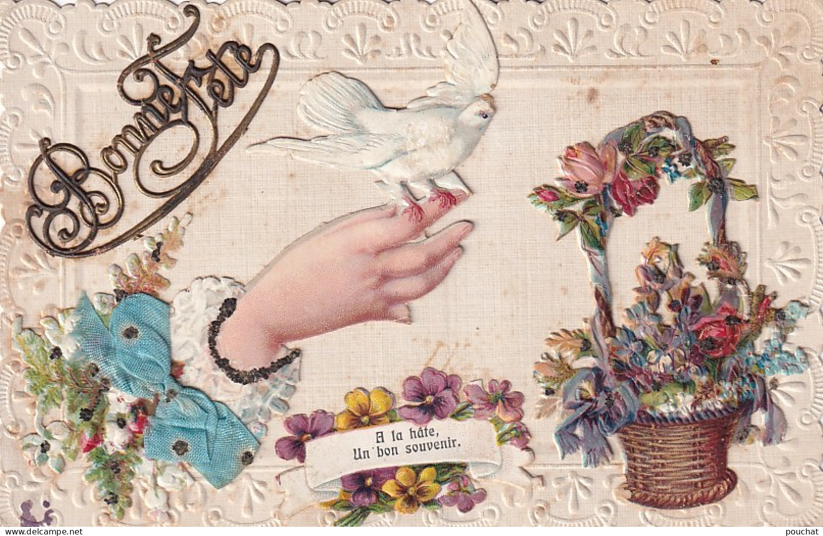 XXX - BONNE FETE - CARTE FANTAISIE AVEC AJOUT DE CHROMOS MAIN AVEC COLOMBE , PANIERE DE FLEURS , RUBAN SATIN - Autres & Non Classés