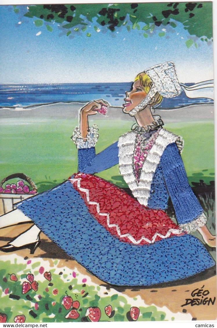 CARTE BRODEE: BRETAGNE : Jeune Femme Mangeant Fruit - Embroidered