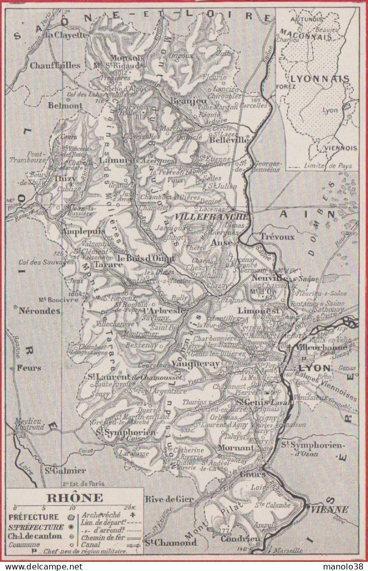 Carte Du Département Du Rhône (69). Préfecture, Sous Préfecture, Chef Lieu ... Chemin De Fer. Larousse 1948. - Historische Dokumente