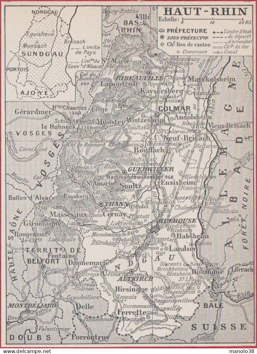 Carte Du Département Du Haut Rhin (68). Préfecture, Sous Préfecture, Chef Lieu, Chemin De Fer .. Larousse 1948. - Historische Documenten