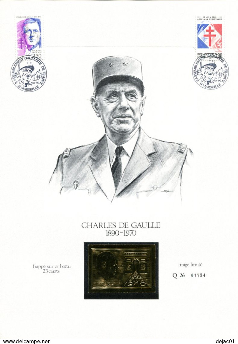 Thème Général De Gaulle - Feuillet Avec Timbre Vignette En Or + Oblitérations Temporaires Et PJ - GFDG 123 - De Gaulle (General)