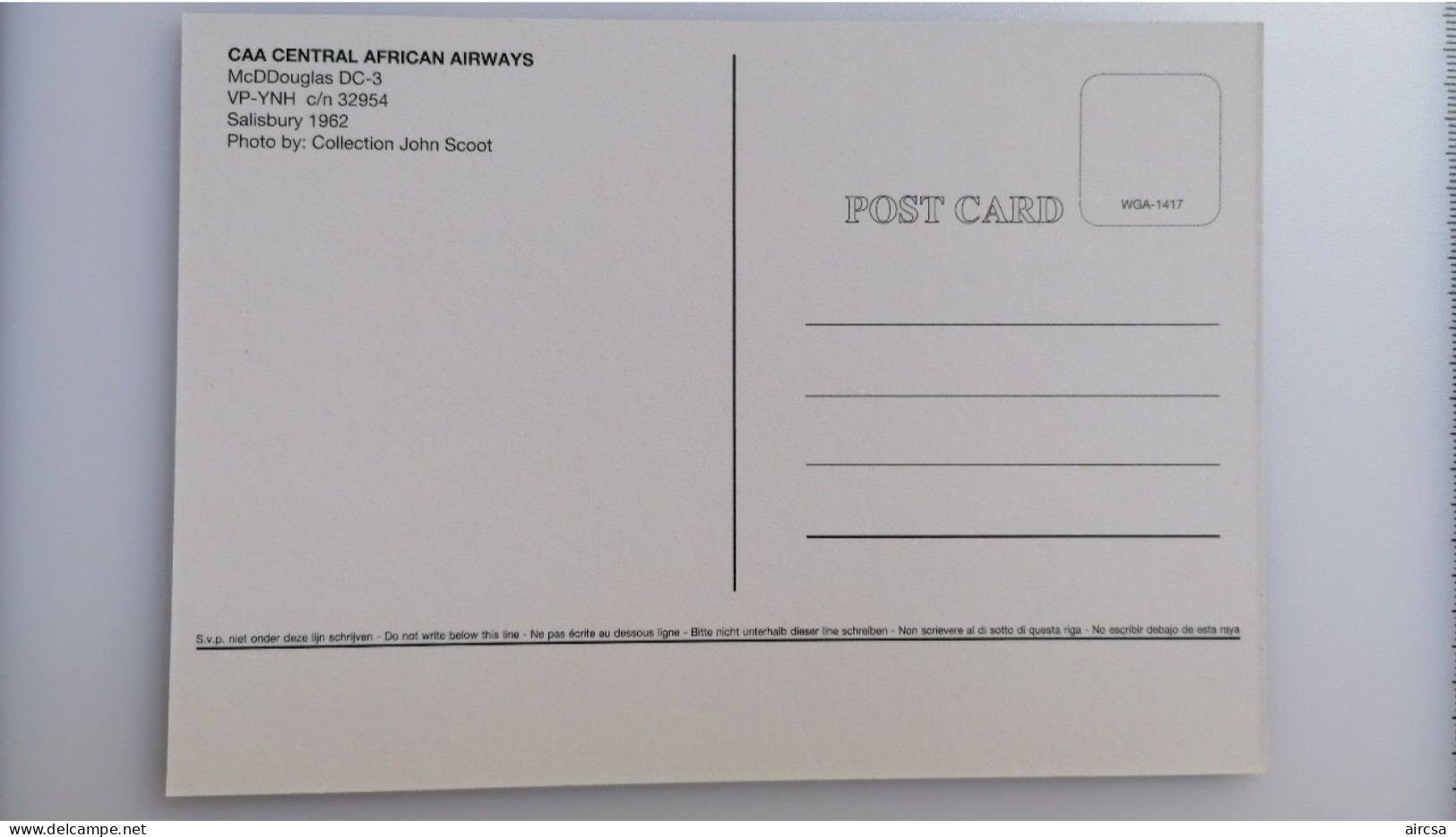 Aviation Postcard-WGA-1417 CAA-CENTRAL AFRICAN AIRWAYS Douglas DC-3 - 1946-....: Modern Era