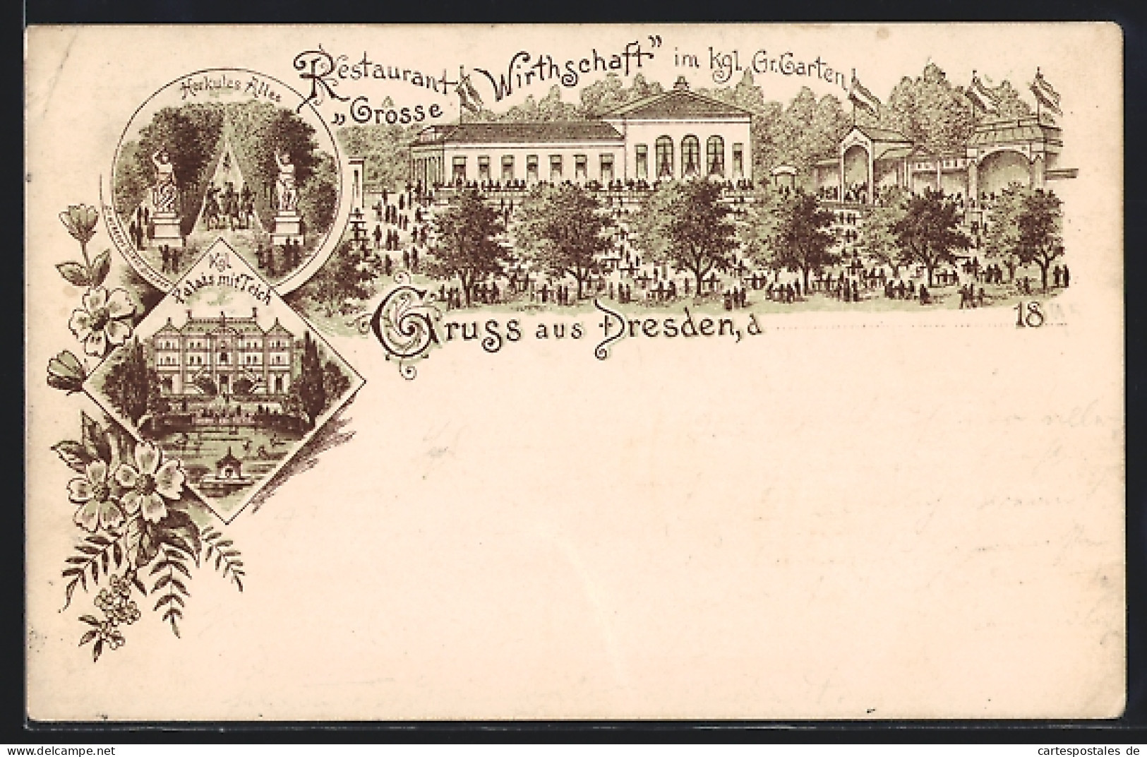 Vorläufer-Lithographie Dresden, 1895, Restaurant Grosse Wirthschaft Im Kgl. Garten, Herkules Allee  - Dresden