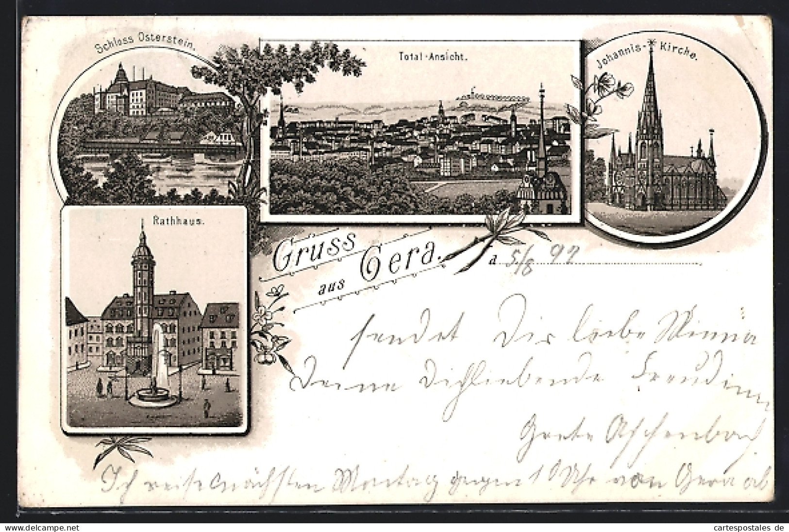 Vorläufer-Lithographie Gera, 1892, Rathaus, Johannis-Kirche, Schloss Osterstein  - Gera