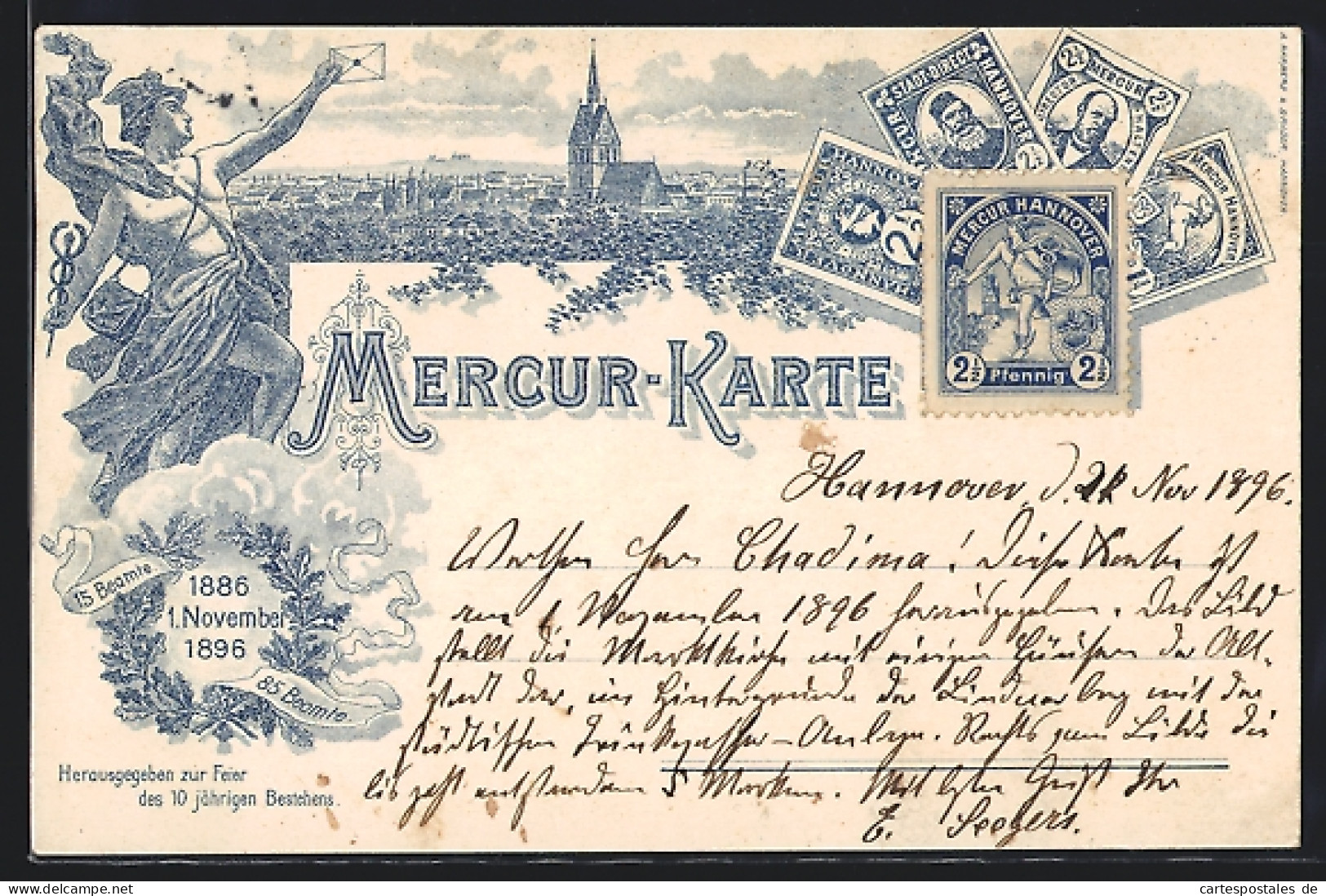 Lithographie Hannover, Mercur-Karte, Private Stadtpost, Stadtansicht  - Briefmarken (Abbildungen)