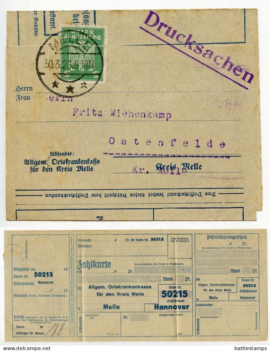 Germany 1926 Folded Zahlkarte; Melle - Allgem. Ortskrankenkasse To Ostenfelde; 5pf. German Eagle - Covers & Documents