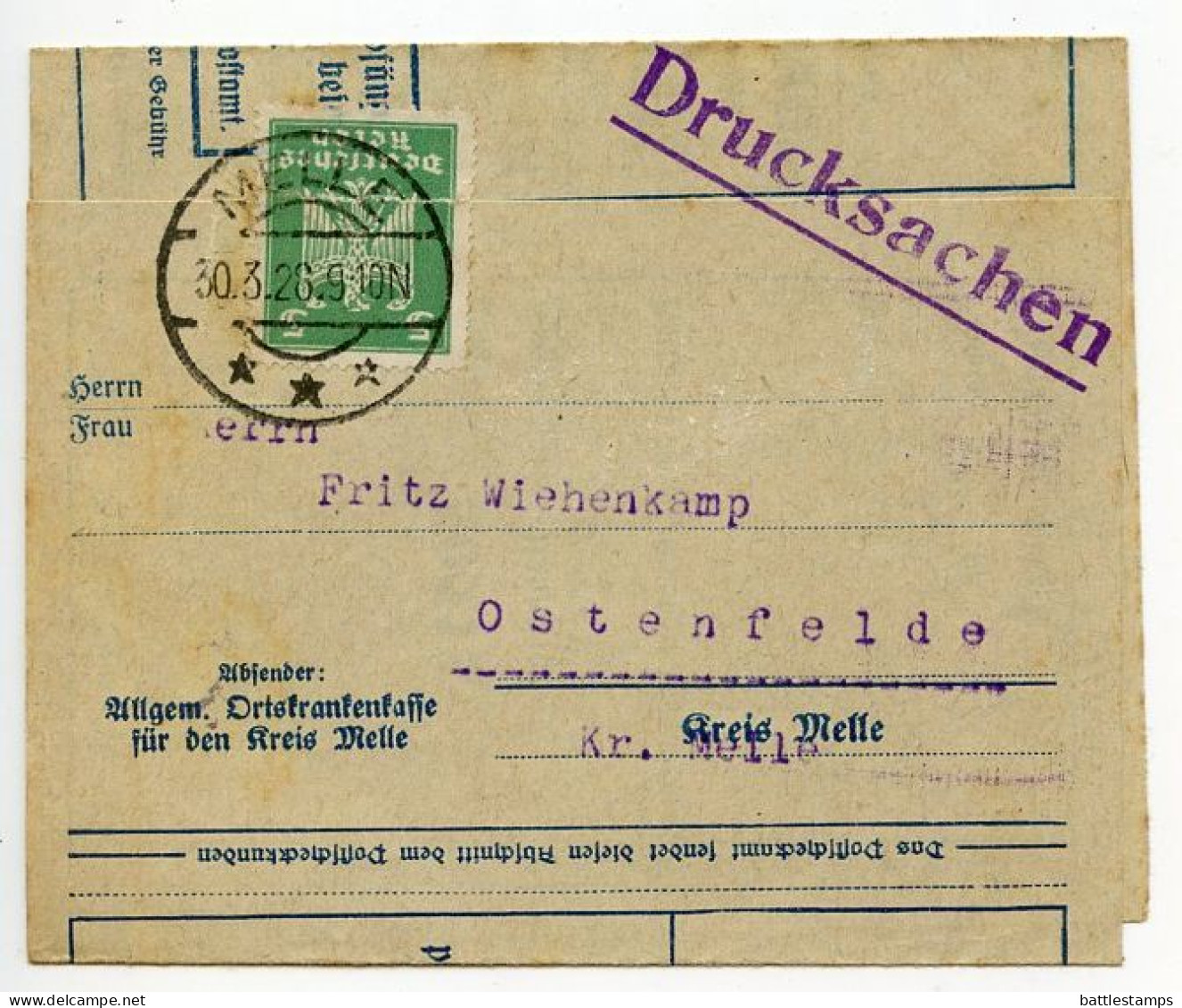 Germany 1926 Folded Zahlkarte; Melle - Allgem. Ortskrankenkasse To Ostenfelde; 5pf. German Eagle - Briefe U. Dokumente