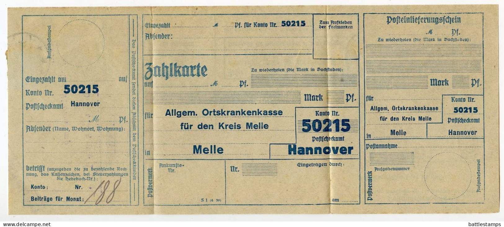 Germany 1926 Folded Zahlkarte; Melle - Allgem. Ortskrankenkasse To Ostenfelde; 5pf. German Eagle - Briefe U. Dokumente