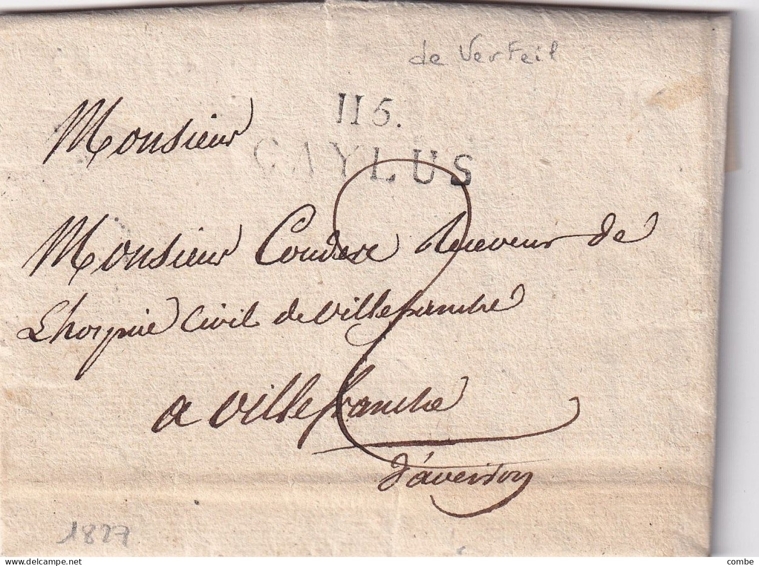 LETTRE. 6 MAI 1827. 115/CAYLUS. TARN ET GARONNE. DE VERFEIL. POUR VILLEFRANCHE D'AVEYRON. TAXE 2 - 1801-1848: Vorläufer XIX