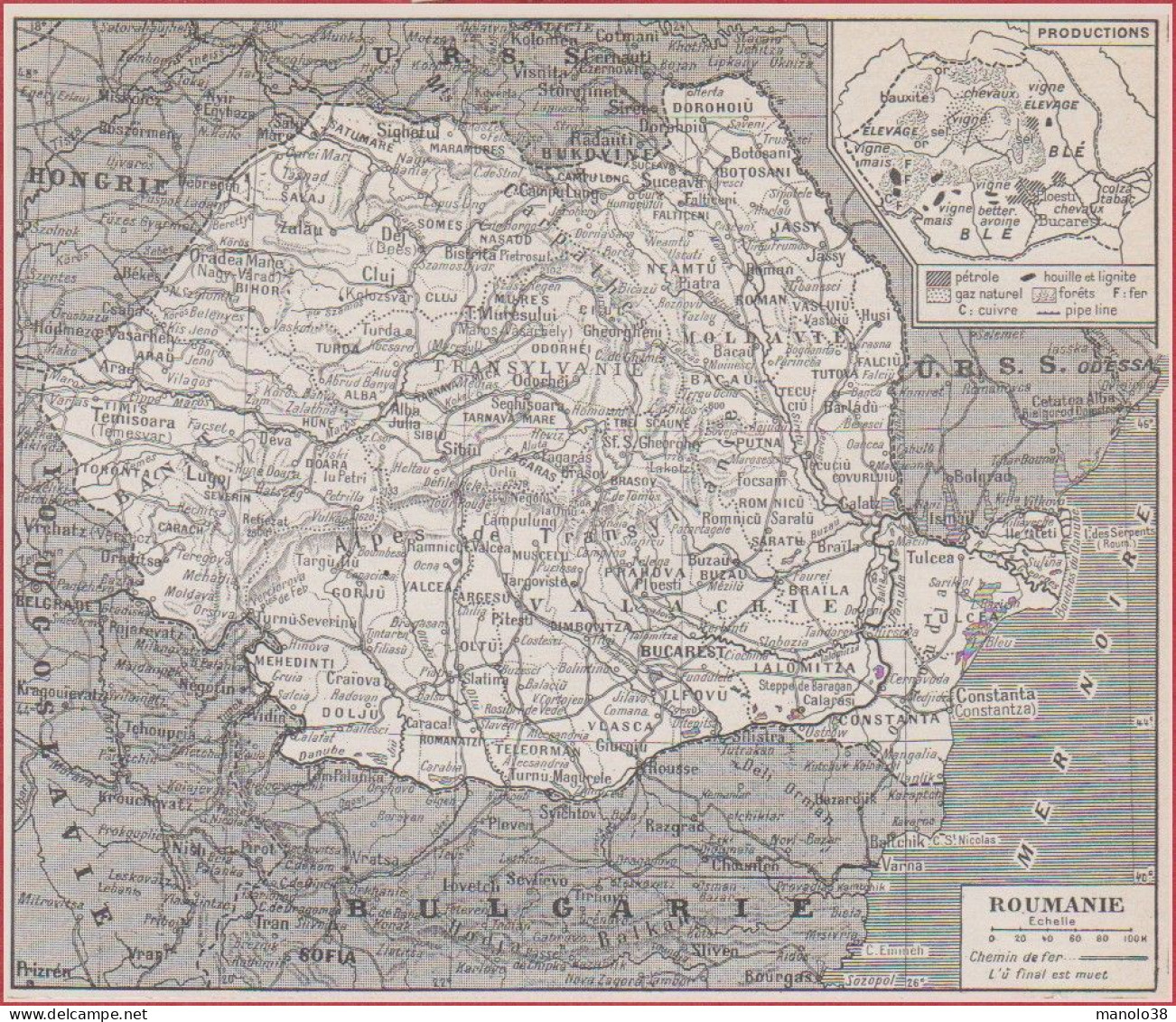 Carte Politique De La Roumanie. Carte Avec Chemin De Fer. Carte Des Productions. Larousse 1948. - Documents Historiques