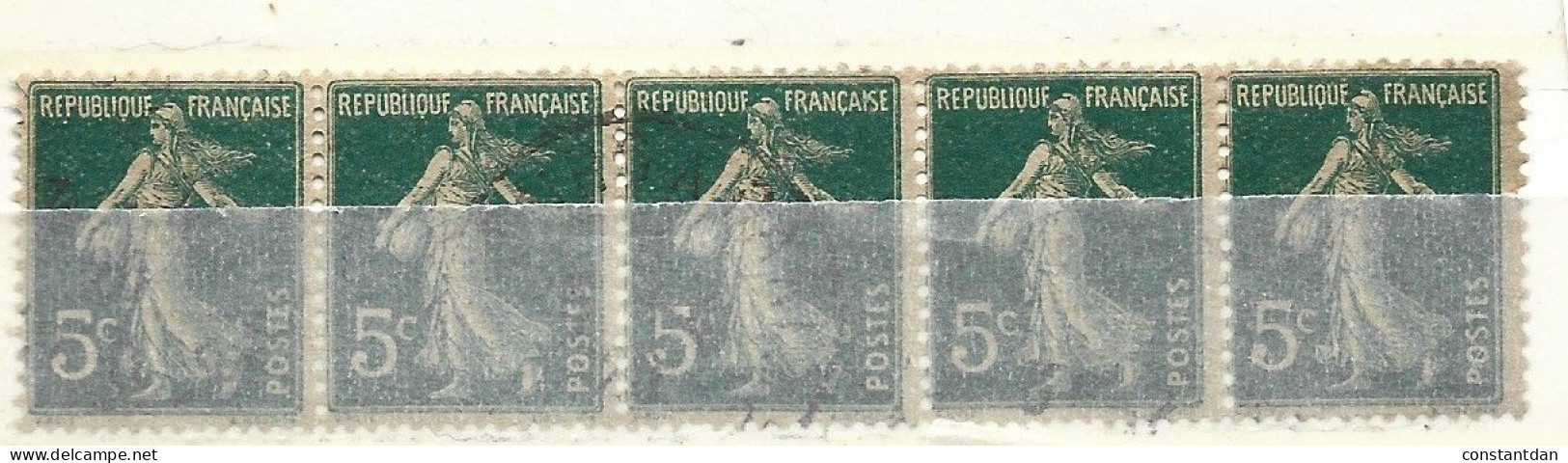 FRANCE N° 137 5C VERT TYPE SEMEUSE CAMEE TYPE IA + GC BANDE DE 5 OBL - Gebruikt