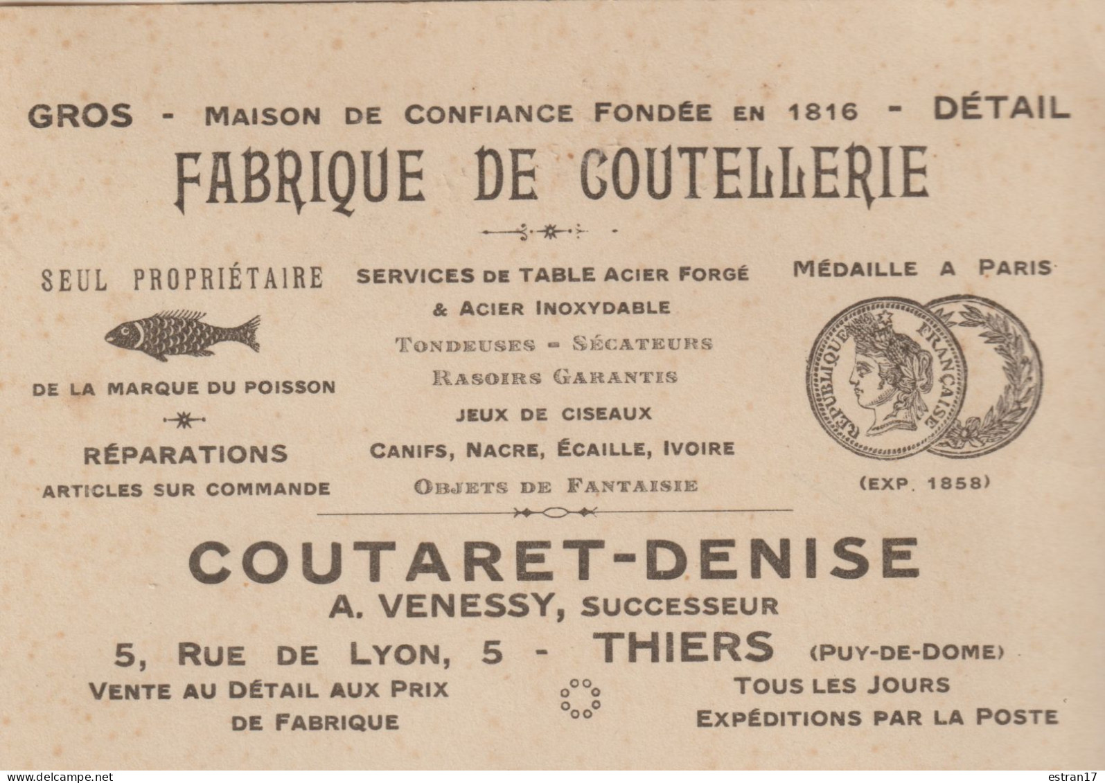63 THIERS COUTARET DENISE FABRIQUE DE COUTELLERIE 5 RUE DE LYON - 1900 – 1949