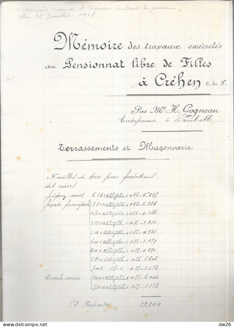 Mémoire Des Travaux Exécutés Au Pensionnat De Jeunes Filles à Chéhen (Côtes Du Nord) Par M. Cogneau, Entrepreneur 1918 - Arquitectura