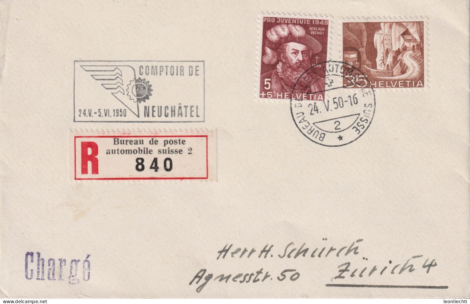 1950 Schweiz R- Brief, Zum:CH J129+304, Mi:CH 541+536, Niklaus Wengi + Alpenpoststrasse, Stempel: COMPTOIR DE NECHÂTEL - Storia Postale