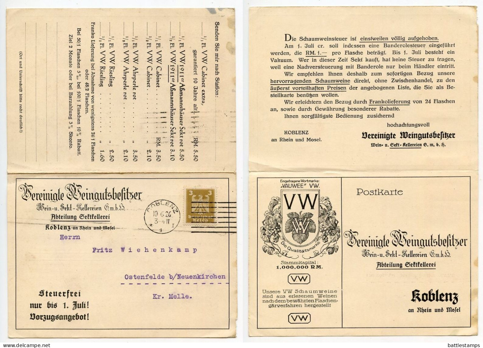 Germany 1926 Postcard & Reply Card; Coblenz - Vereinigte Weingutsbesitzer To Ostenfelde; 3pf. German Eagle - Covers & Documents