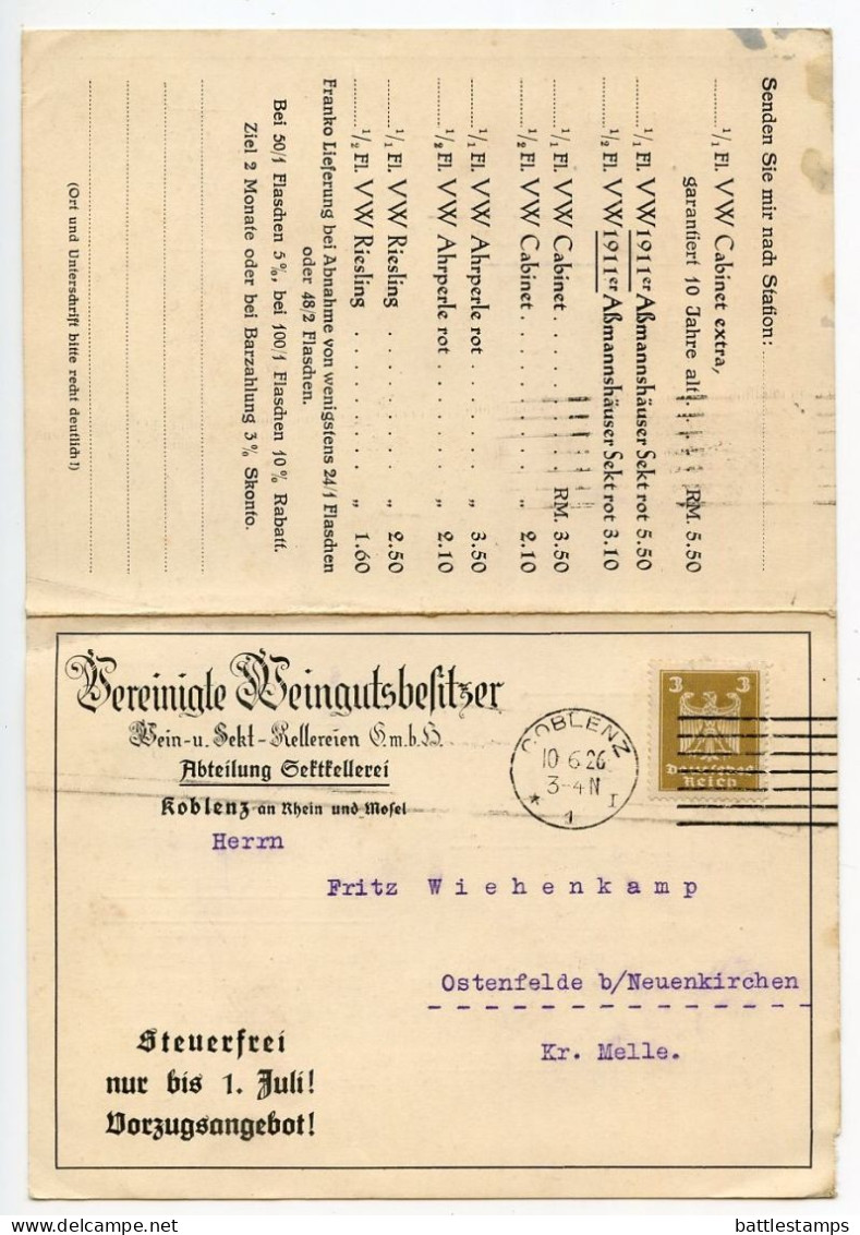 Germany 1926 Postcard & Reply Card; Coblenz - Vereinigte Weingutsbesitzer To Ostenfelde; 3pf. German Eagle - Briefe U. Dokumente