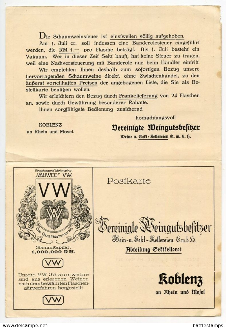 Germany 1926 Postcard & Reply Card; Coblenz - Vereinigte Weingutsbesitzer To Ostenfelde; 3pf. German Eagle - Covers & Documents