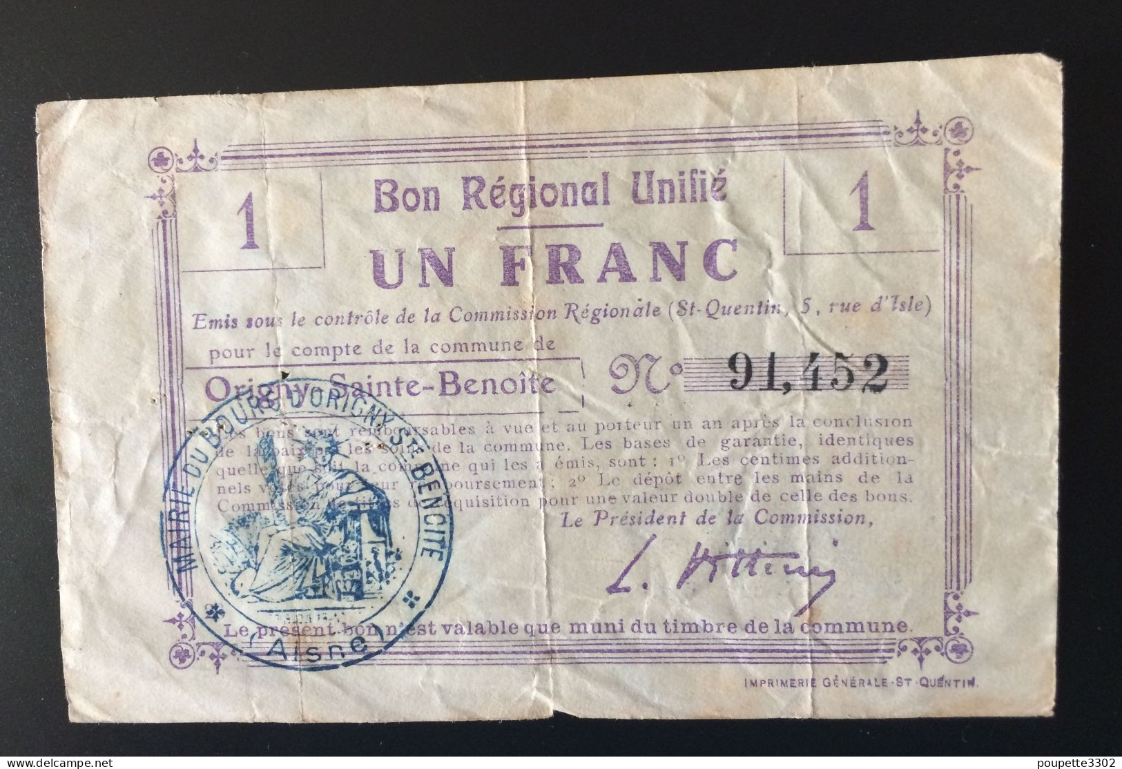 Bon Régional De 1 Franc - 02 Origny Ste Benoite - Unclassified