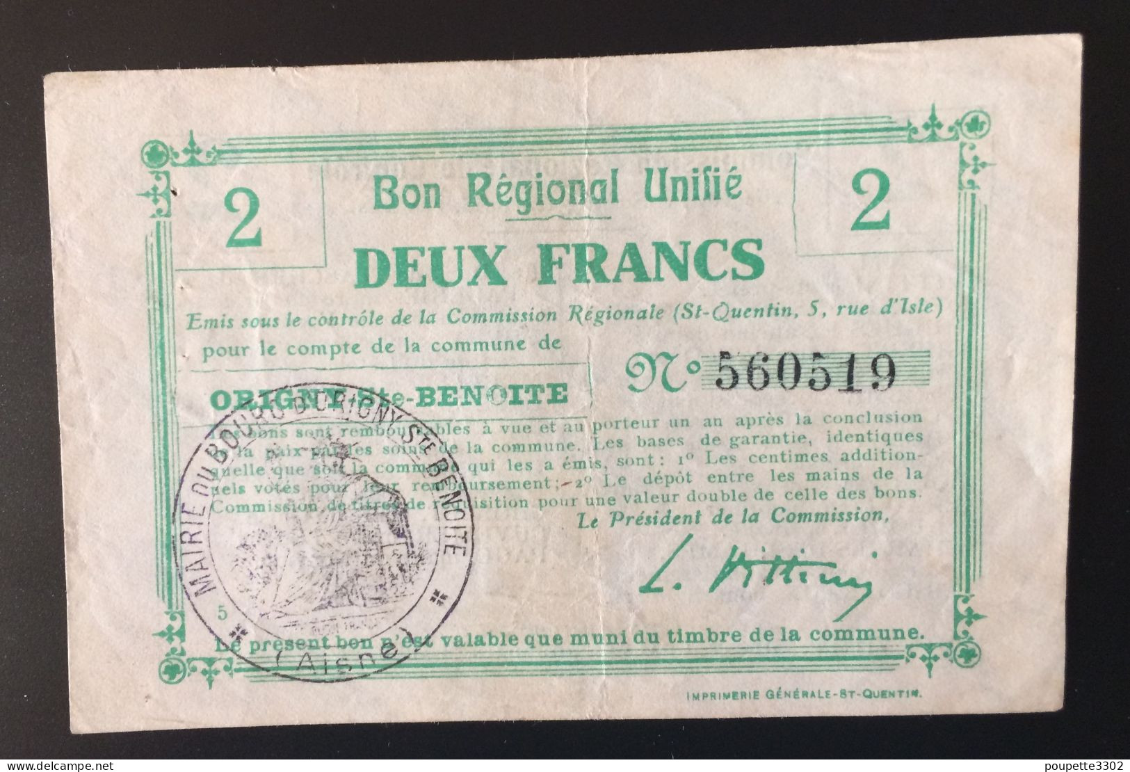 Bon Régional De 2 Francs - 02 Origny Ste Benoite - Ohne Zuordnung