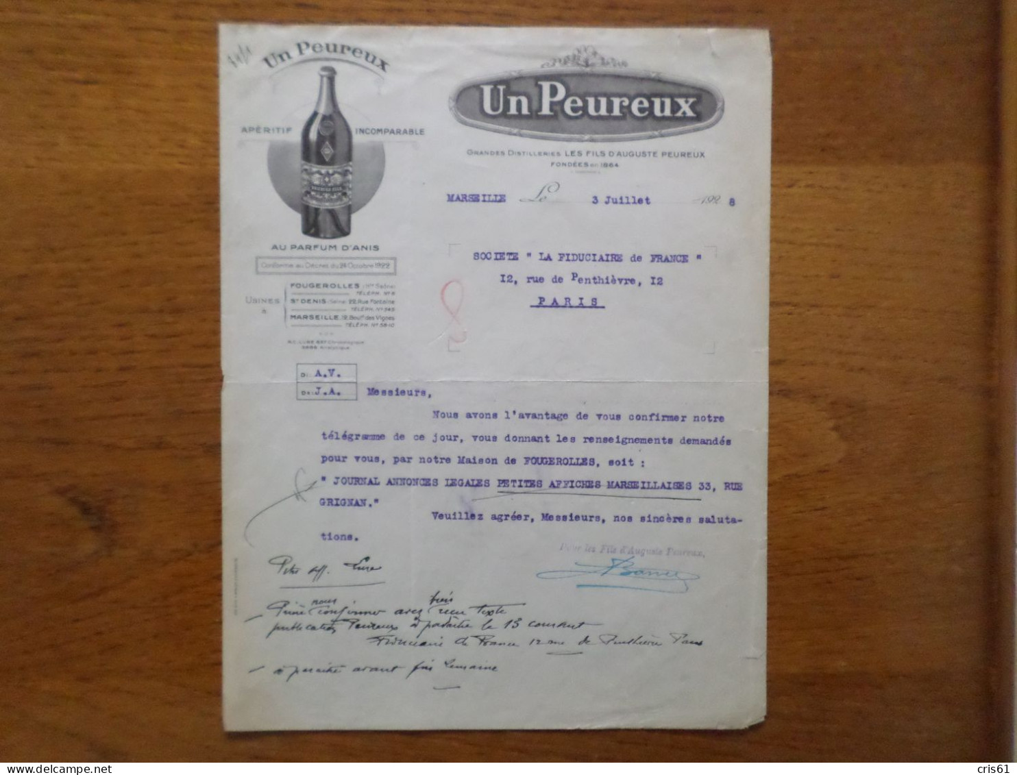 13 MARSEILLE - Courrier GRANDES DISTILLERIES LES FILS D'AUGUSTE PEUREUX, Apéritif Au Parfum D'Anis, Juillet 1928 - 1900 – 1949