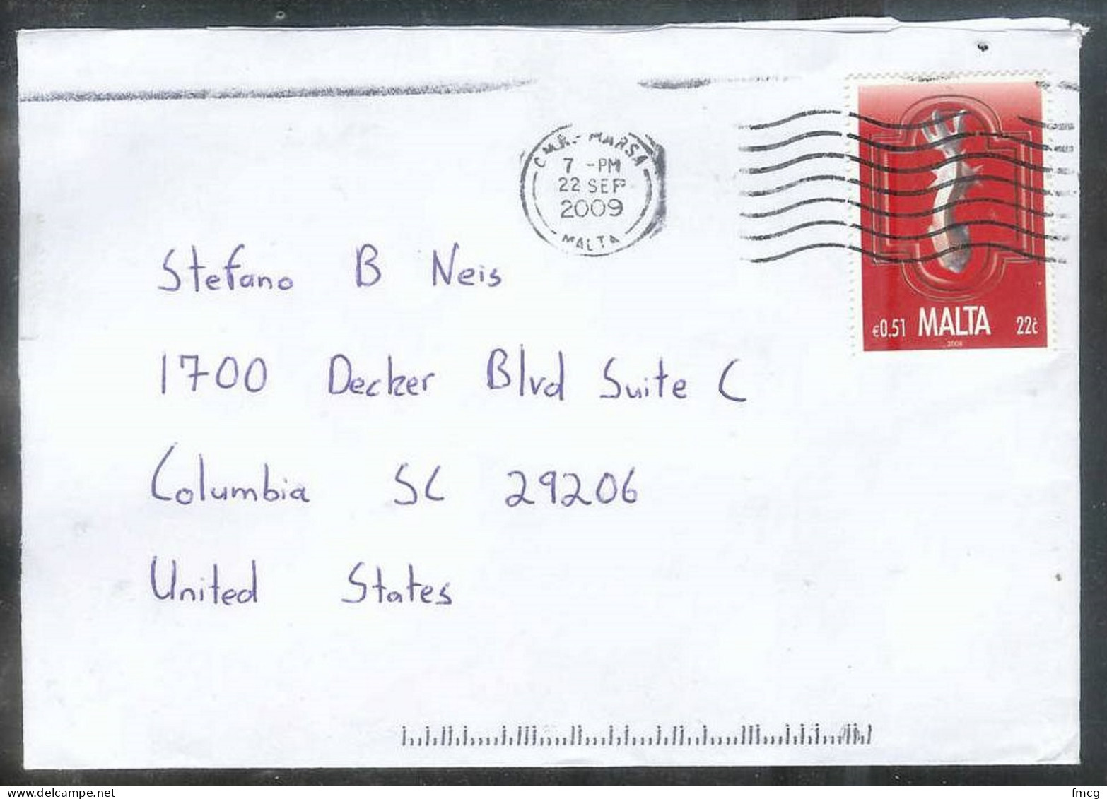 2009 Postal History (22 Sept) To Columbia SC USA - Malta