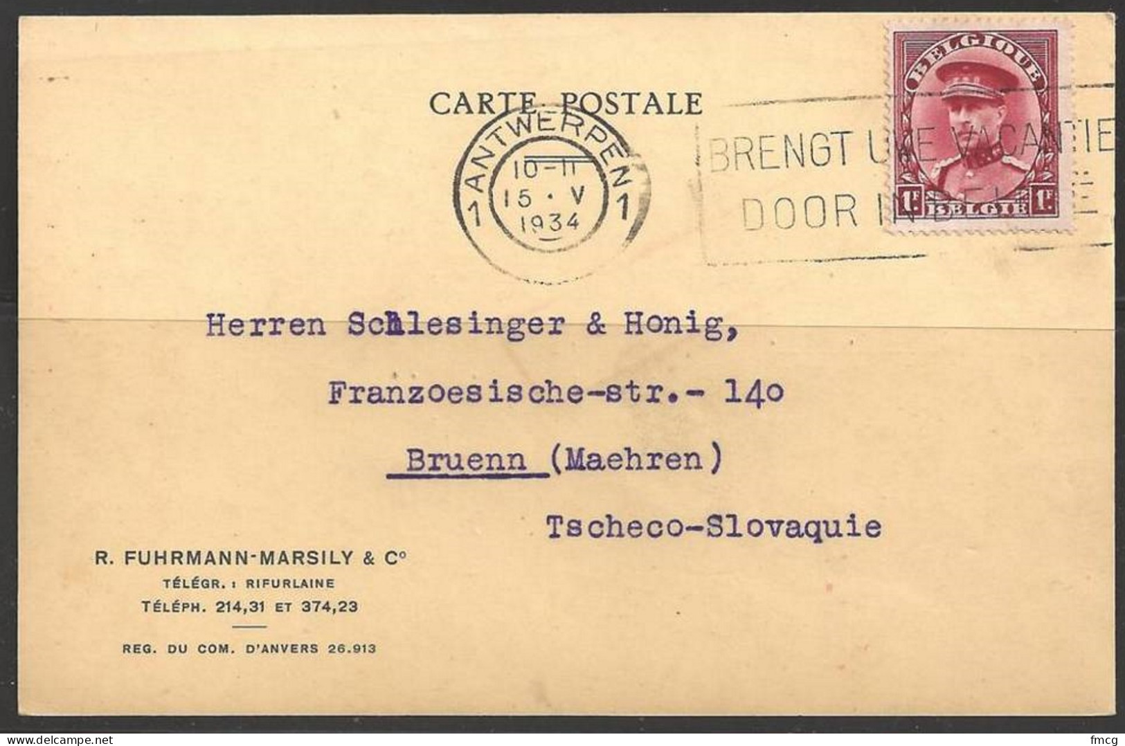 1934 1F King Albert On Carte Postale To Czechoslovakia - Cartas & Documentos