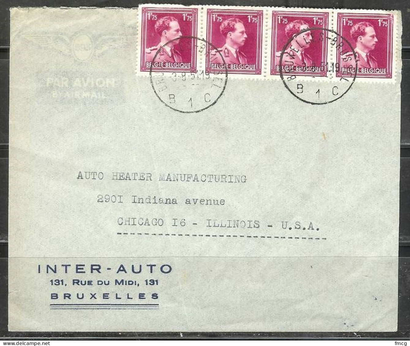 1951 Four 1.75fr Used On Commercial Cover To Chicago USA - Cartas & Documentos